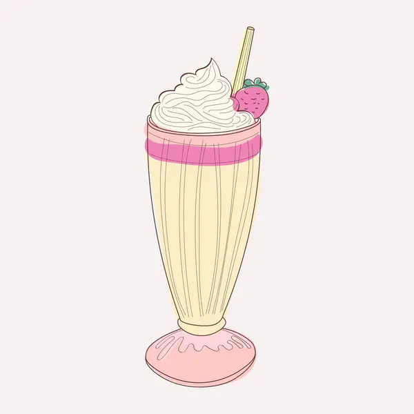 Milkshake Puszystą Bitą Śmietaną Świeżymi Truskawkami Ilustracja Przedstawia Kremową Konsystencję — Wektor stockowy
