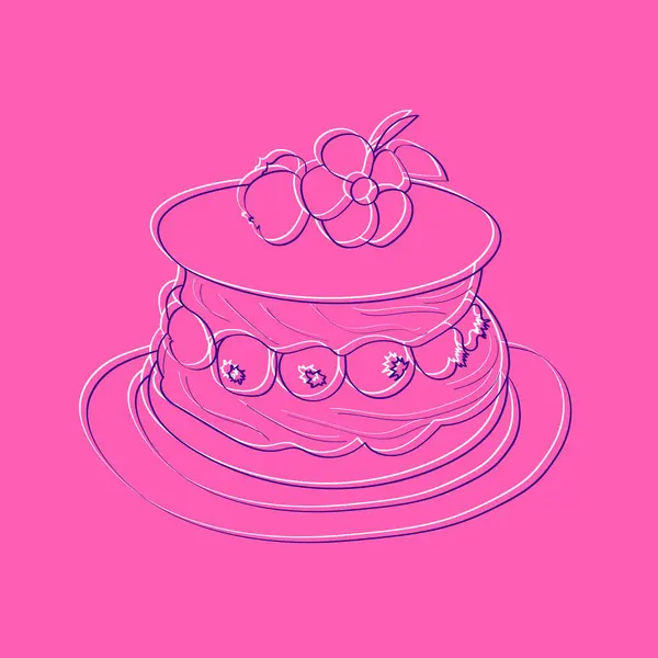 Ручная Иллюстрация Розового Торта Вишнями Сверху Торт Детализирован Слоями Глазурью — стоковый вектор
