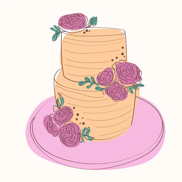 Two Tiered Cake Decorated Hand Painted Flowers Top Layer Cake — Stock Vector