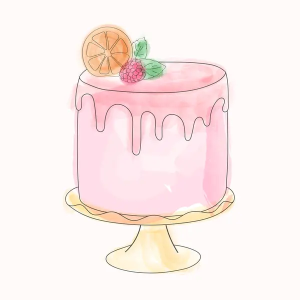 Hand Drawn Watercolor Illustration Pink Cake Vibrant Slice Orange Top — Stock Vector