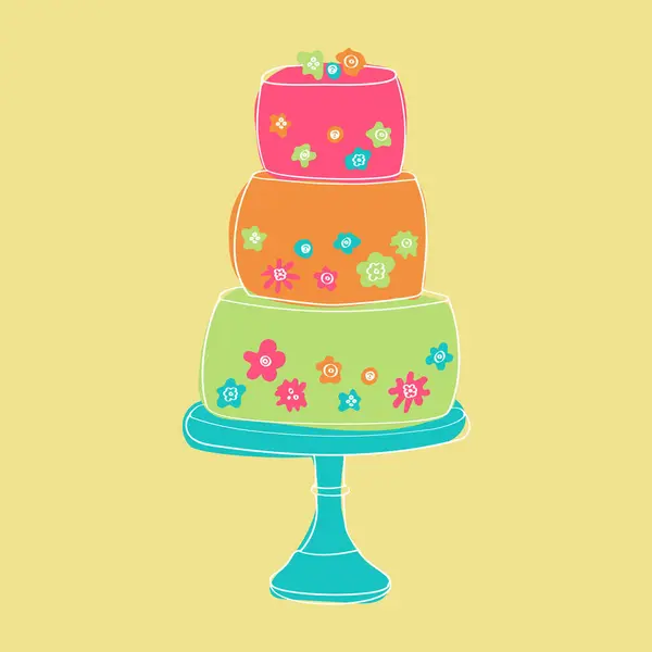 Three Tiered Cake Adorned Colorful Flowers Each Layer Flowers Hand — Stock Vector