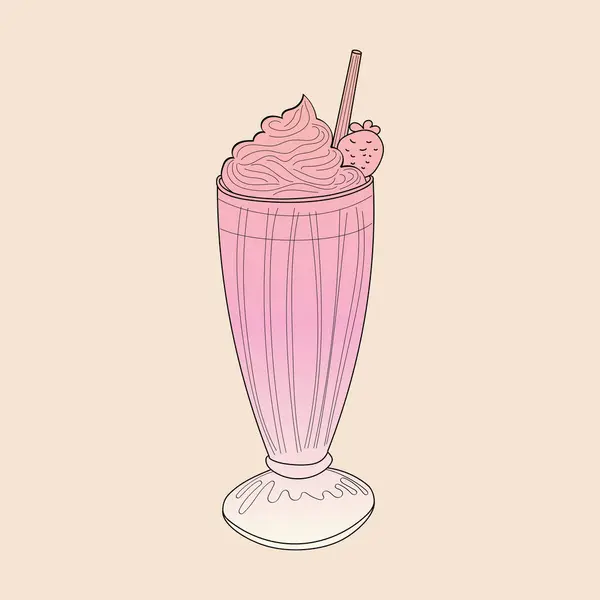 粉色奶昔 顶部有稻草和一勺冰淇淋 背景平淡 杯子里放着冰块 杯子里放着冰块 — 图库矢量图片