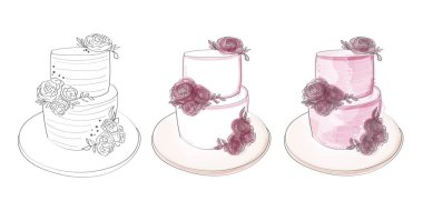 A detailed drawing featuring three distinct types of cakes, each showcasing its unique design elements and flavors clipart