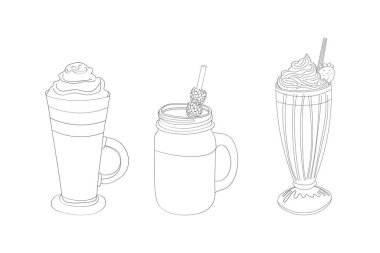 Üç farklı milkshake stili, minimalist, el yapımı, çırpılmış krema ve çilek ve kurabiye gibi garnitürlerle süslenmiş klasik tatlı içecekleriyle resmedilir.