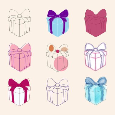 Üzerinde bayram yayı olan çeşitli renkli kutulardan oluşan bir koleksiyon. Kutular birlikte düzenlenir, canlı renkler ve farklı boyutlarda sergilenir.