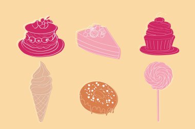 Parlak sarı arka planda çeşitli tatlılar düzenlenir. Tatlılar arasında kekler, kekler, kurabiyeler ve hamur işleri yer alıyor.