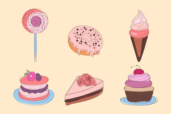 Torte Dessert Sono Disposti Raggruppamento Mostra Diversi Sapori Colori Texture — Vettoriale Stock