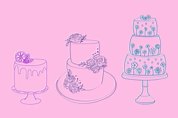 Trois Gâteaux Sont Illustrés Sur Fond Rose Vif Chaque Gâteau — Image vectorielle