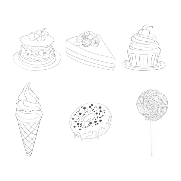 Disegno Dettagliato Mostra Varie Torte Dessert Tra Cui Cupcake Torte — Vettoriale Stock