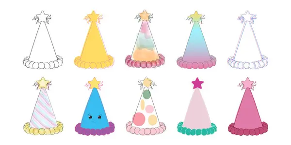Collection Vibrant Party Hats Adorned Whimsical Stars Hats Arranged Groups — Stock Vector