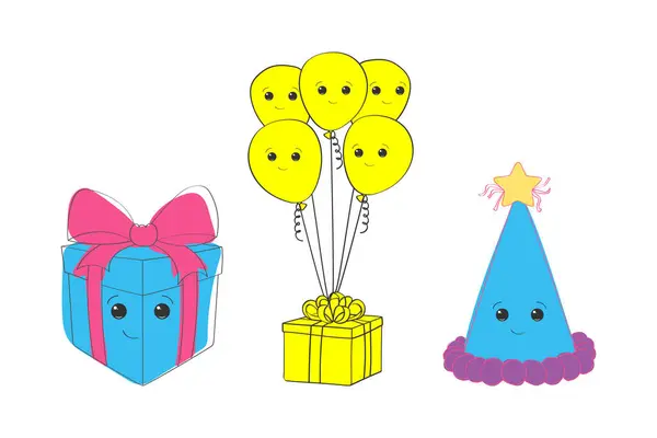 Una Tarjeta Cumpleaños Festiva Con Globos Emoticones Coloridos Una Caja — Vector de stock