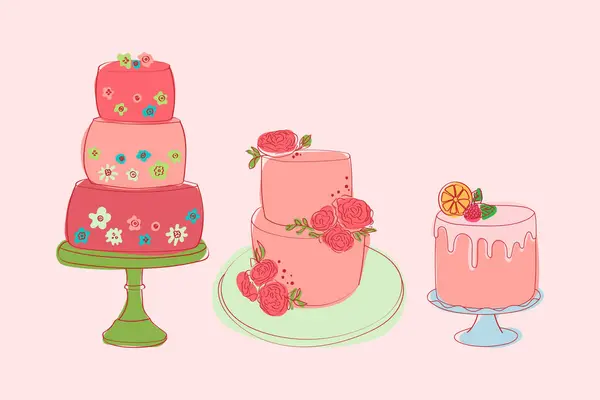 다양한 디자인의 케이크 케이크는 다양한 장식을 보여주는 외관이 독특합니다 — 스톡 벡터
