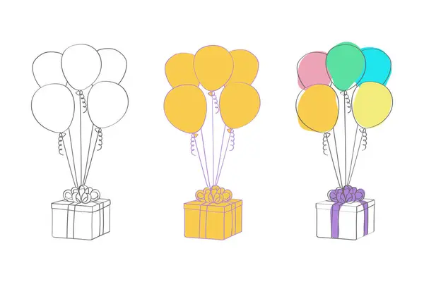 Τρία Πολύχρωμα Μπαλόνια Αιωρούνται Στον Αέρα Δίπλα Ένα Κουτί Δώρου Διάνυσμα Αρχείου