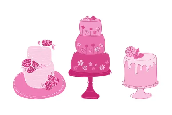 독특한 디자인과 풍미로 종류의 케이크 케이크는 토핑에 다양하며 다양한 디저트 스톡 벡터