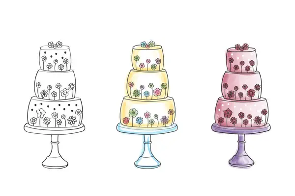 독특한 디자인과 장식을 보여주는 유형의 케이크를 특징으로하는 케이크는 토핑에 다르며 스톡 일러스트레이션