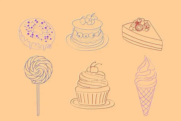 컵케이크 타르트 페이스트리 다양한 종류의 케이크와 디저트 디저트는 복잡한 디테일과 벡터 그래픽