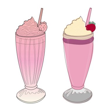 İki çilekli milkshake, çırpılmış krema ve pipetle beyaz arka planda dizilmiş dijital bir illüstrasyon..