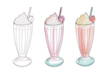 Üç milkshake 'in resmi, her birinin üstünde krema ve çilek var. Bir milkshake ana hatlarıyla çizilmiş, biri pembe, diğeri şeftali rengi..