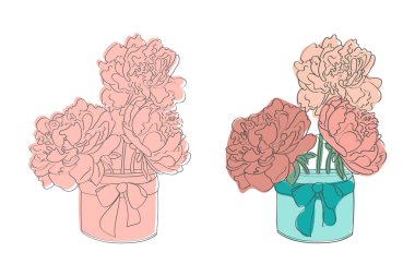 Vazolarda iki buket pembe şakayığın dijital bir çizimi. Bir vazo pembe ve pembedir, diğeri ise mavi ve gök mavisi..