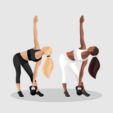 Two faceless fitness women perform stretching exercises with kettlebells in a simple, modern studio setting. They focus on flexibility and strength.