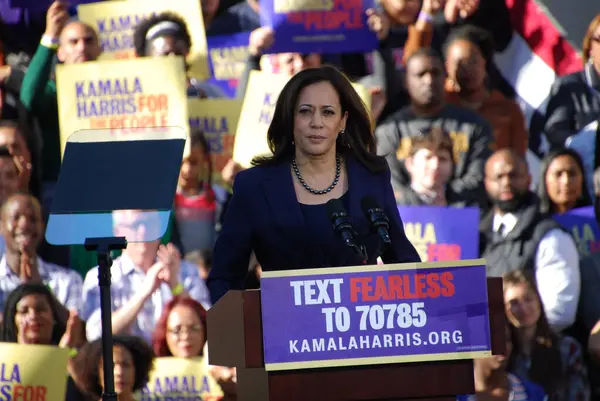 stock image U.S. Sen. Kamala Harris speaks during her first campaign rally outside Oakland City Hall in California on Jan. 27, 2019. Harris announced she is running for President of the United States on Jan. 21.