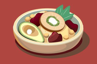 Sıcak kırmızı zemin üzerinde avokado, kivi ve taze malzemeler bulunan sağlıklı bir yemek kasesinin canlı bir temsili. Sağlıklı beslenmeyi, yemek bloglarını ve mutfak projelerini modern, yassı bir estetik ile desteklemek için mükemmel..