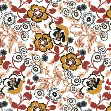 Klasik bahar çiçekleri ve yapraklarıyla etnik ve pürüzsüz desen.