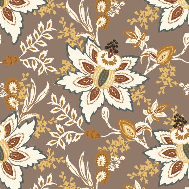 Renkli Jacobean fantezi çiçekleri ile kusursuz etnik desen