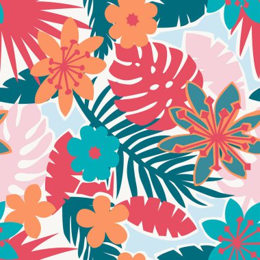 Amber çiçekleri ve egzotik palmiye yapraklarıyla kusursuz bir tropikal desen çizilmiş..