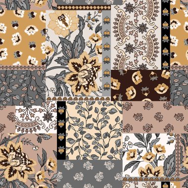 Renkli el çizimi, eski çiçek süslemeleriyle yamasız desen