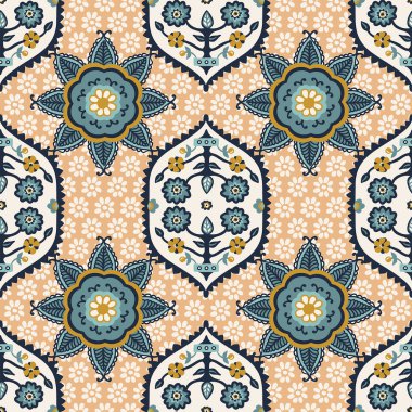 Renkli el çizimi, eski çiçek süslemeleriyle yamasız desen