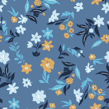 Mavi arka planda güzel bahar çiçekleri deseni.