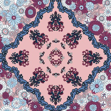 Yabani çiçek desenli soyut ipek eşarp