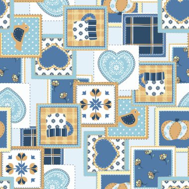 Çiçek, fincan, ekose ve kalp süsleriyle kusursuz yama deseni.