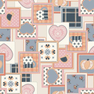 Çiçek, fincan, ekose ve kalp süsleriyle kusursuz yama deseni.