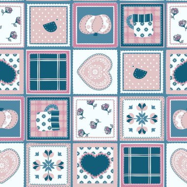 Dekoratif çiçekli kusursuz desen, kupa ve kalp yaması tasarımı.