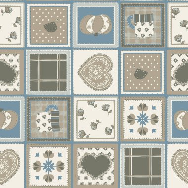 Ekoseli, çiçekli ve kalp süslemeli soyut dikişsiz yama deseni.