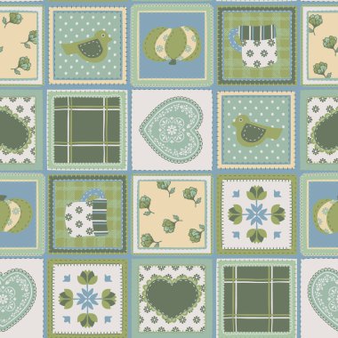 Dekoratif çiçekli kusursuz desen, kupa ve kalp yaması tasarımı.