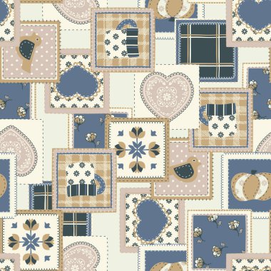 Renkli kalp, ekose ve çiçeksiz yama desenli süsler..