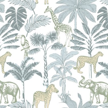 Tropikal palmiyeler, orman hayvanı kaplanı, fil, tukan kuşu, zürafa....