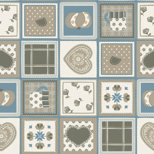 Ekoseli, çiçekli ve kalp süslemeli soyut dikişsiz yama deseni.