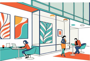 İş ekibi ofiste çalışıyor, vektör illüstrasyon.