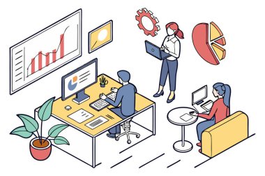 Ofisteki insan ve iş çalışmalarının düz vektör çizimi.