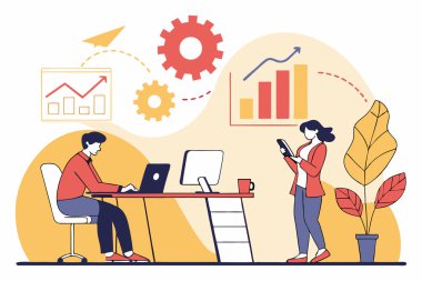 İstatistiksel veri vektör illüstrasyon tasarımına sahip iş ekibi