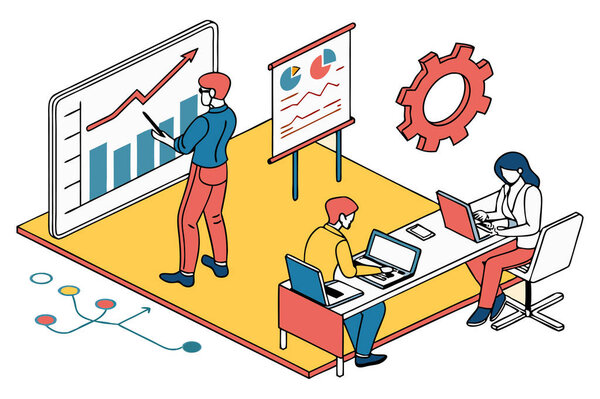 деловые люди с ноутбуком и векторным дизайном статистики