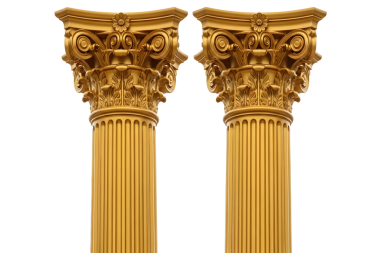 Klasik bir tapınağı destekleyen antik Yunan mermer sütunları, İyonik ve Dorik mimari tarzlar sergiliyor