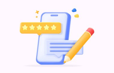 Beş yıldızlı akıllı telefon, yorum sohbet balonu ve kalem, yorumları ve geri bildirimleri sembolize ediyor. Müşteri memnuniyetini, ürün değerlendirmelerini ve kullanıcı deneyimini gösteren, 3d illüstrasyon