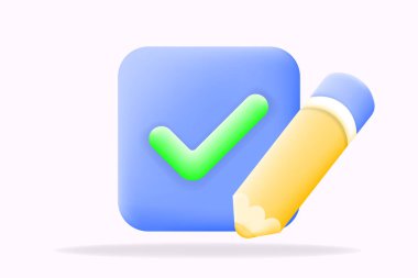 3D illüstrasyon mavi işaret simgesi sarı bir kalem, görev tamamlama, düzenleme ve onay işlemleri için mükemmel