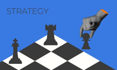 Yarım tonlu kolaj, bir el stratejik olarak bir satranç piyonu yerleştirir, karar verme ve planlama sembolize eder.