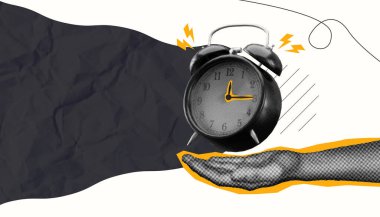 Modern Tasarım 'ın yarım tonlu kolajı, klasik bir çalar saatin bir elle tutulduğu zaman kavramı, aciliyeti ve odaklanmayı vurguluyor. Üretkenlik kampanyaları, hatırlatıcılar veya zamanla ilgili promosyonlar için ideal